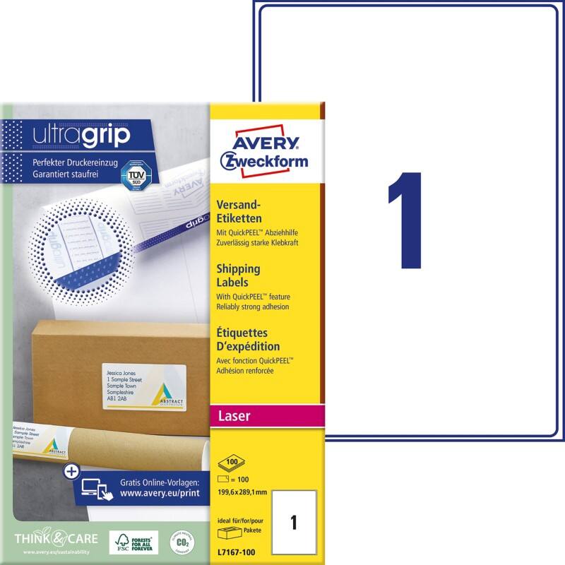AVERY Zweckform Abziehhilfe QuickPEEL,ultragrip Versandetiketten L7167-100 Selbsthaftend DIN A4 Weiß 199,6 x 289,1 mm 100 Blatt à 1 Etikett