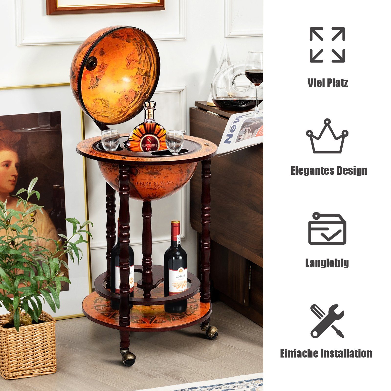 COSTWAY Weinregal stehend, Flaschenregal, Globusbar, mit Rollen & Deckel