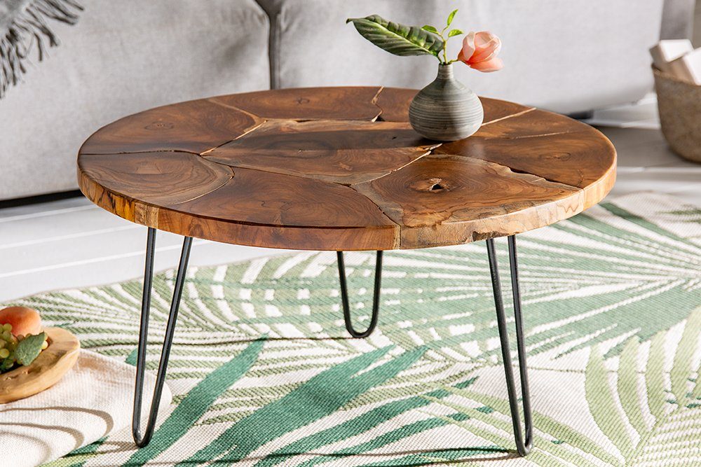 riess-ambiente Couchtisch MOSAIK Ø70cm natur / schwarz (Einzelartikel, 1-St), Wohnzimmer · Massivholz · rund · handmade · Hairpin Legs aus Metall