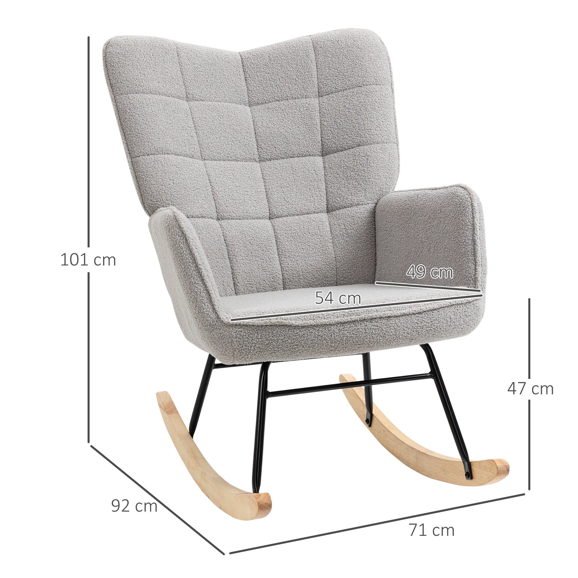 HOMCOM Schaukelstuhl Massivholz, Schwingsessel, 71 cm x 92 cm x 101 cm, Grau (Set, 1 St), Schaukelsessel, bis 120 kg, Berbervlies, Hellgrau