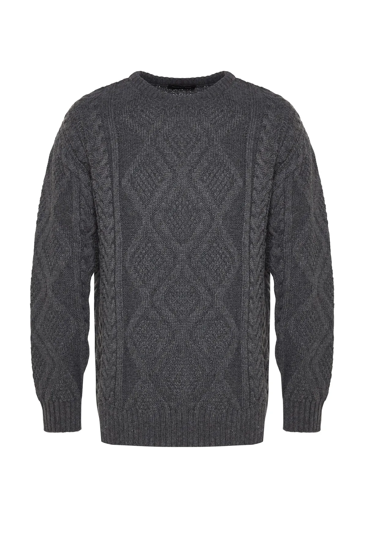 Trendyol Collection  Grauer Oversize-Strickpullover mit weitem Schnitt und Rundhalsausschnitt aus geflochtenem Haar TMNAW23KZ00280