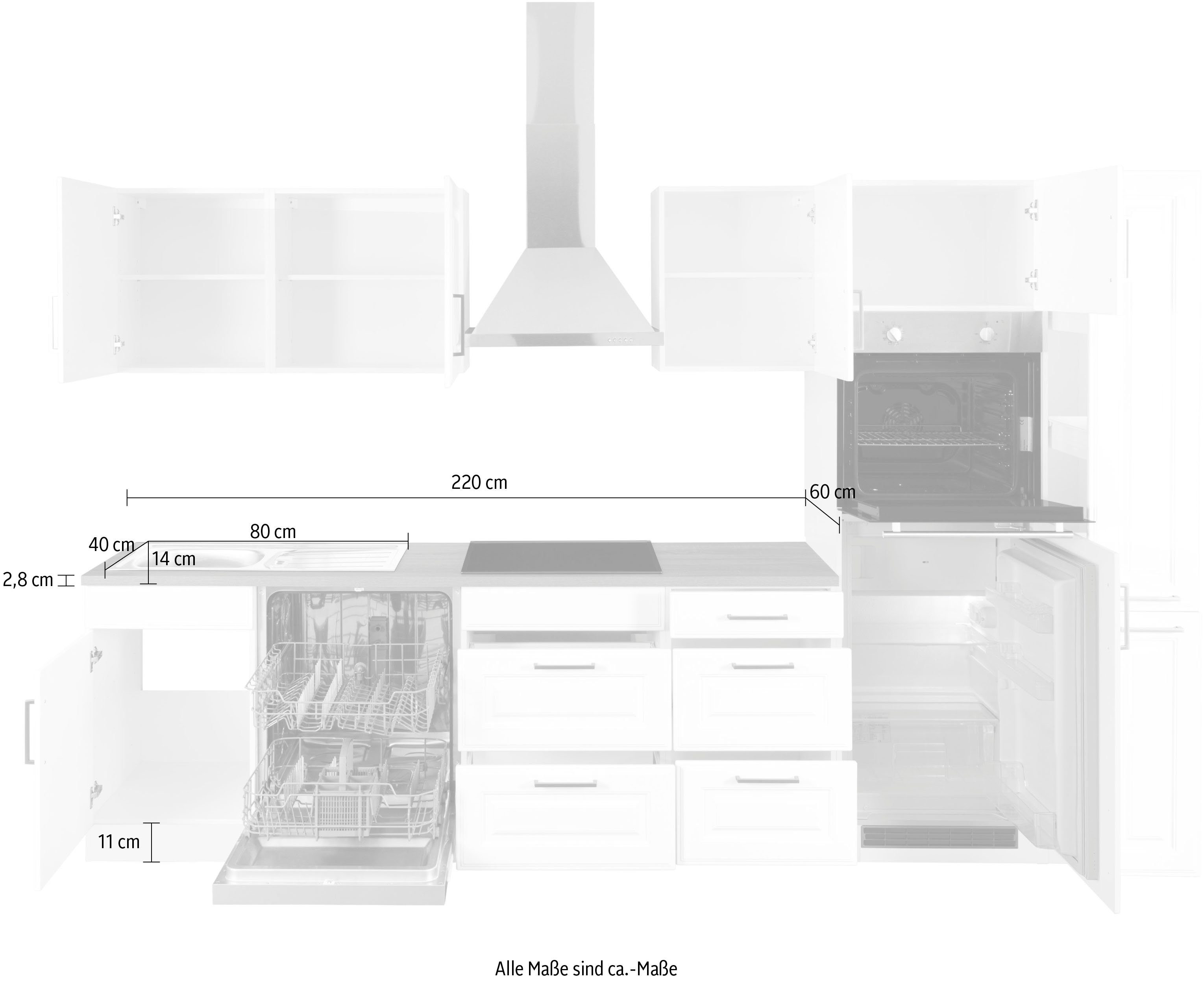 HELD MÖBEL Küchenzeile Stockholm, Breite 310 cm, mit hochwertigen MDF Fronten im Landhaus-Stil