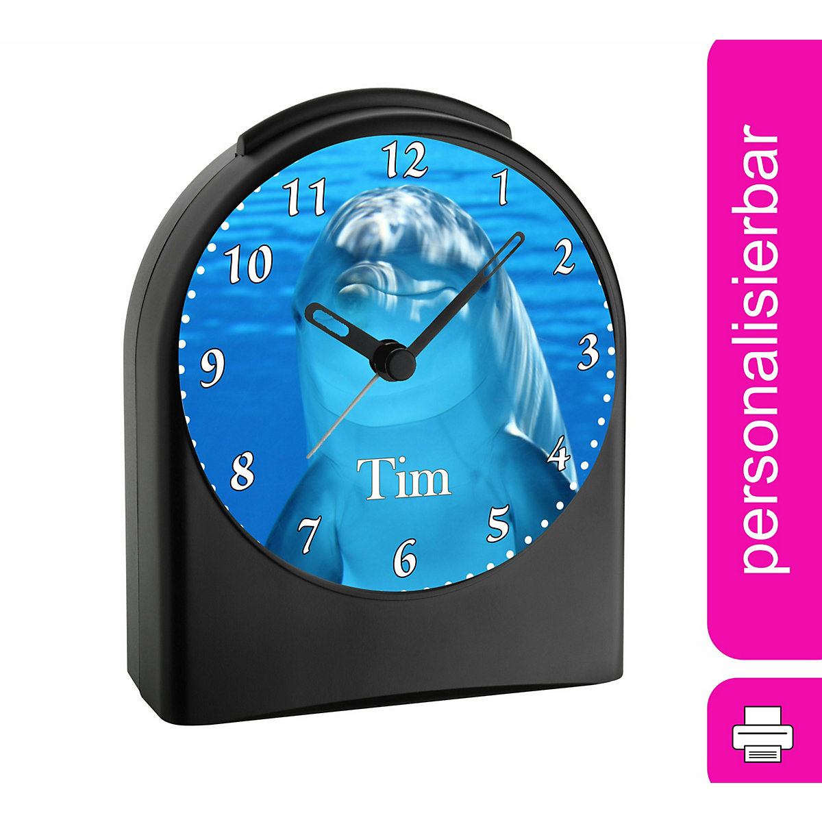 Kinder Funkwecker personalisiert mit Namen Delfin Atom-/Funkuhr, 12-Stunden-Anzeigeformat, Schlummerfunktion, Nachtlicht, Geräuschlos/Ohne Ticken