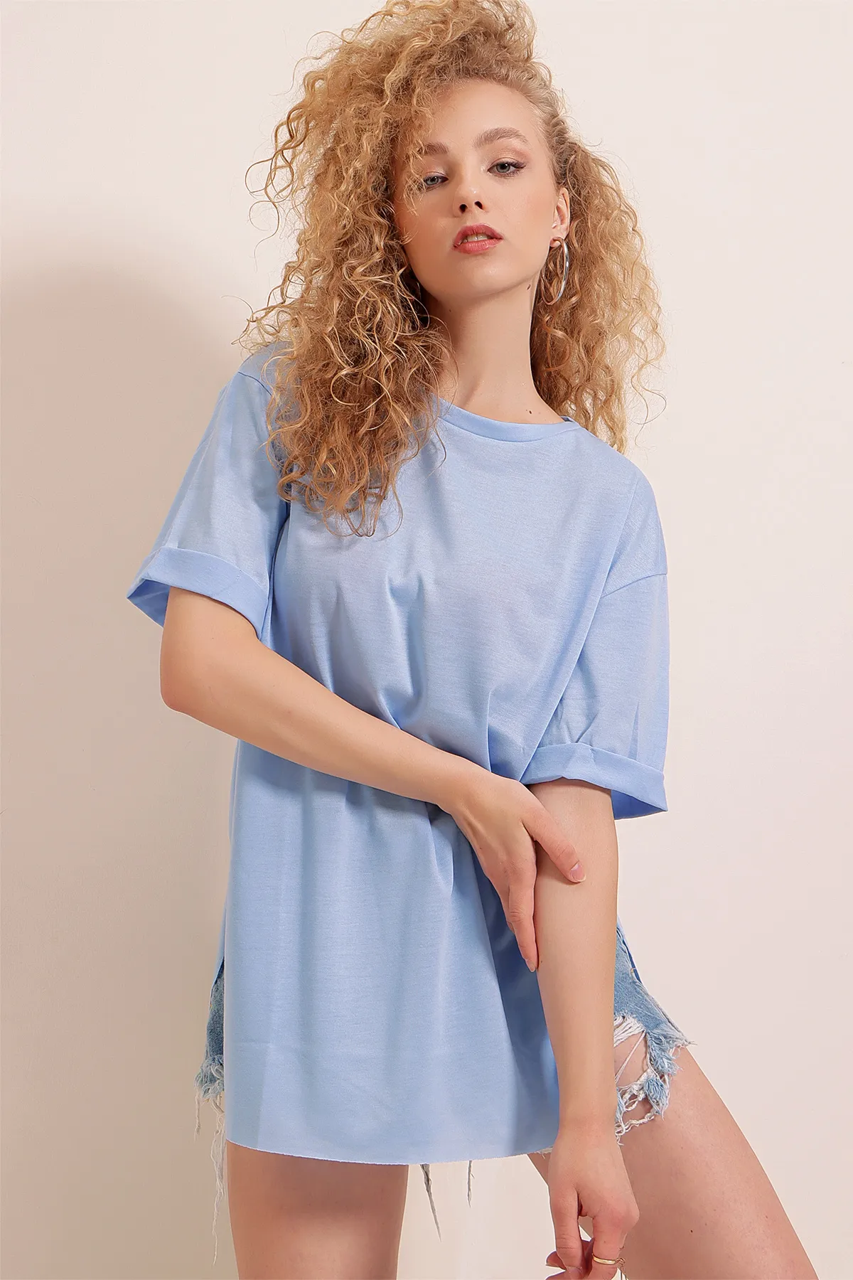 Bigdart  4123 Geschlitztes Oversize-T-Shirt – Türkis