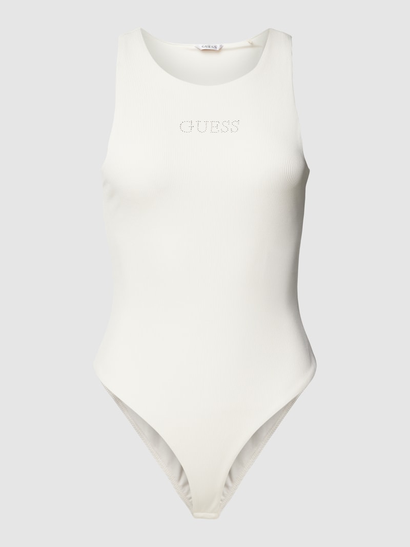 Body mit Label-Print aus Strasssteinbesatz Modell 'GUENDALINA' in offwhite