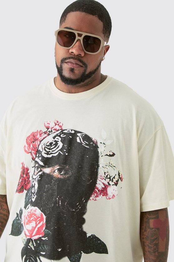 Plus Oversize T-Shirt mit floralem Balaclava-Print