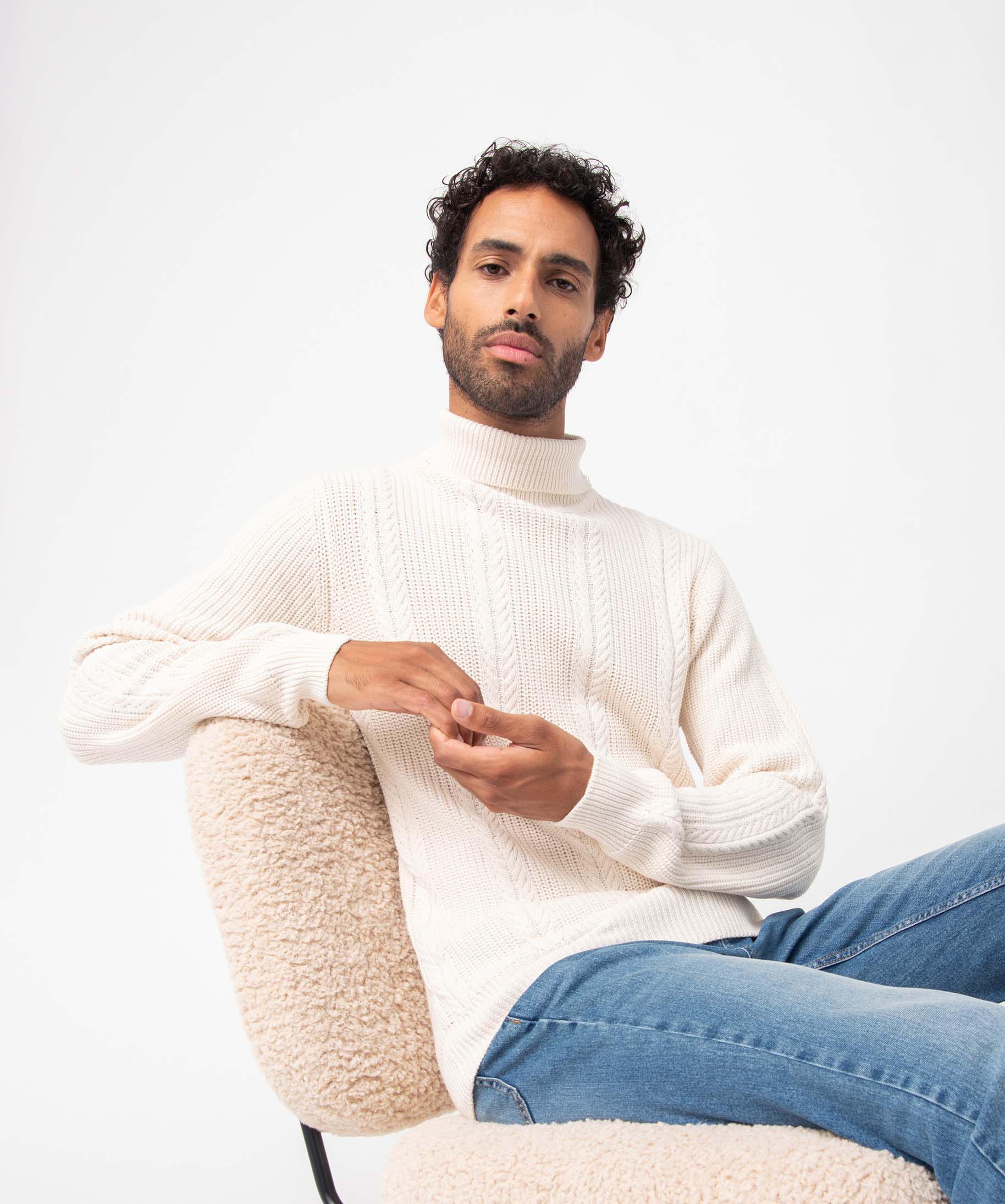 Pull homme en maille torsadée à col roulé ecru | GEMO