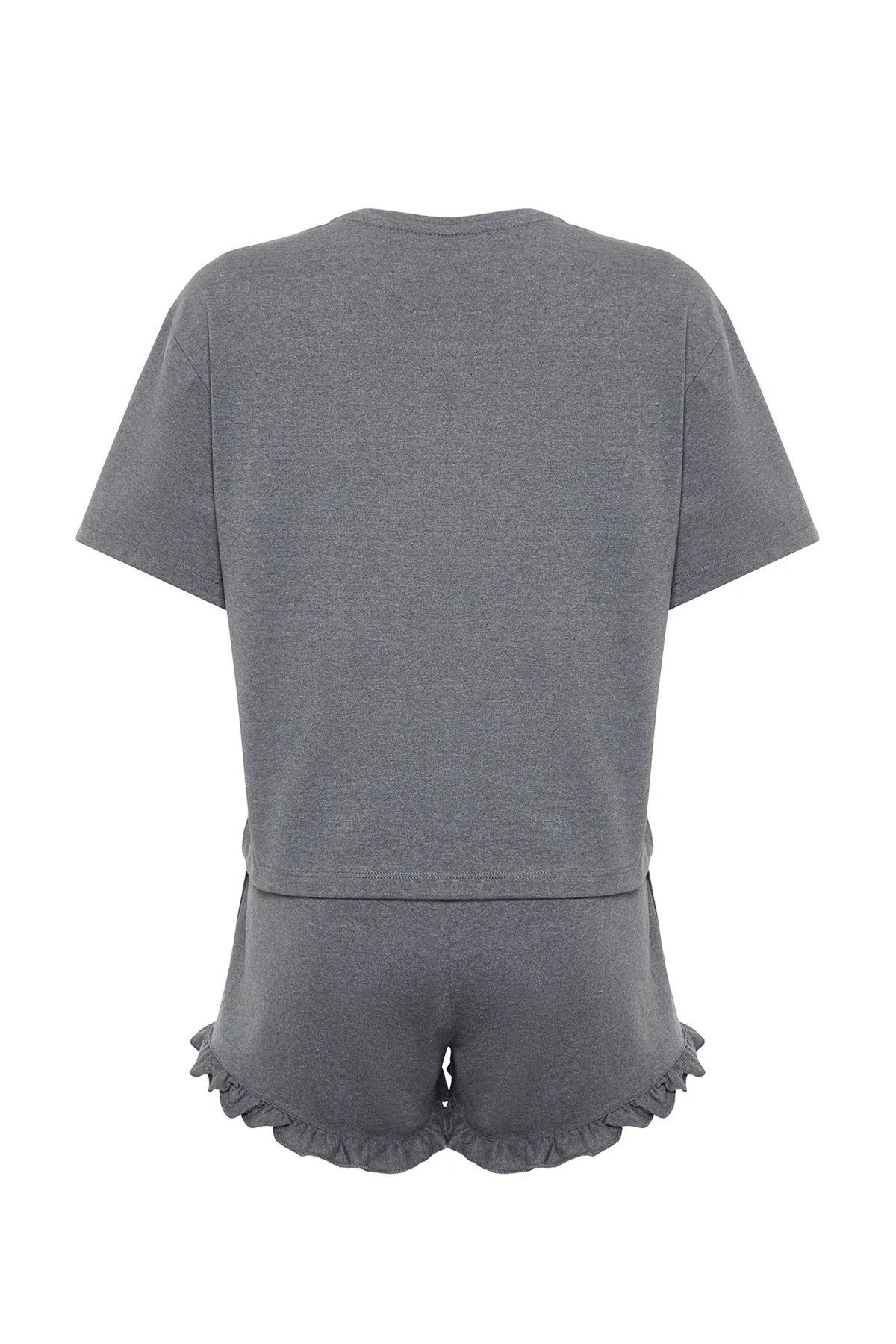 Trendyol Collection  Anthrazitfarbenes Melange-Baumwoll-Slogan-bedrucktes, detailliertes Strick-Pyjama-Set mit Rüschen THMSS24PT00114