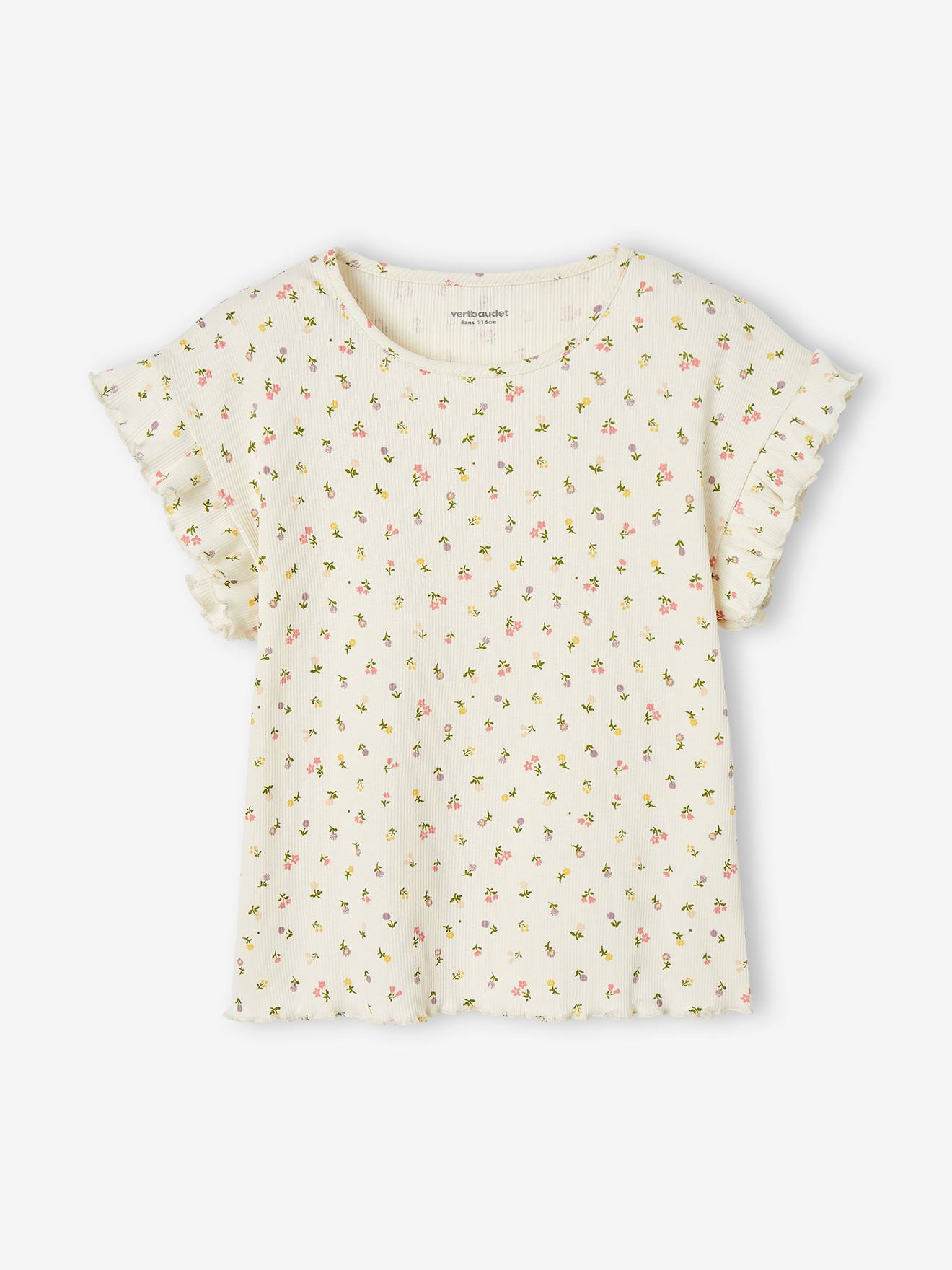 T-shirt à côtes imprimé fleurs fille encre