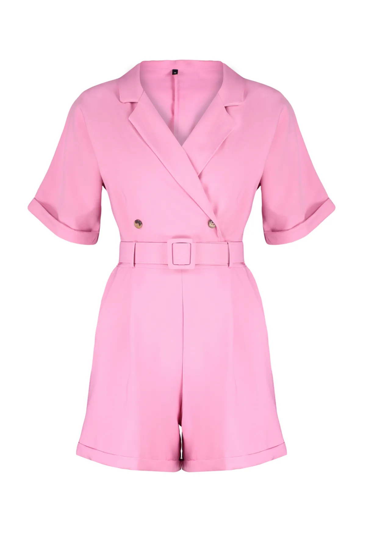 Trendyol Collection  Rosa gewebter Mini-Jumpsuit mit geripptem Kragen und Gürtel TWOSS19WX0112