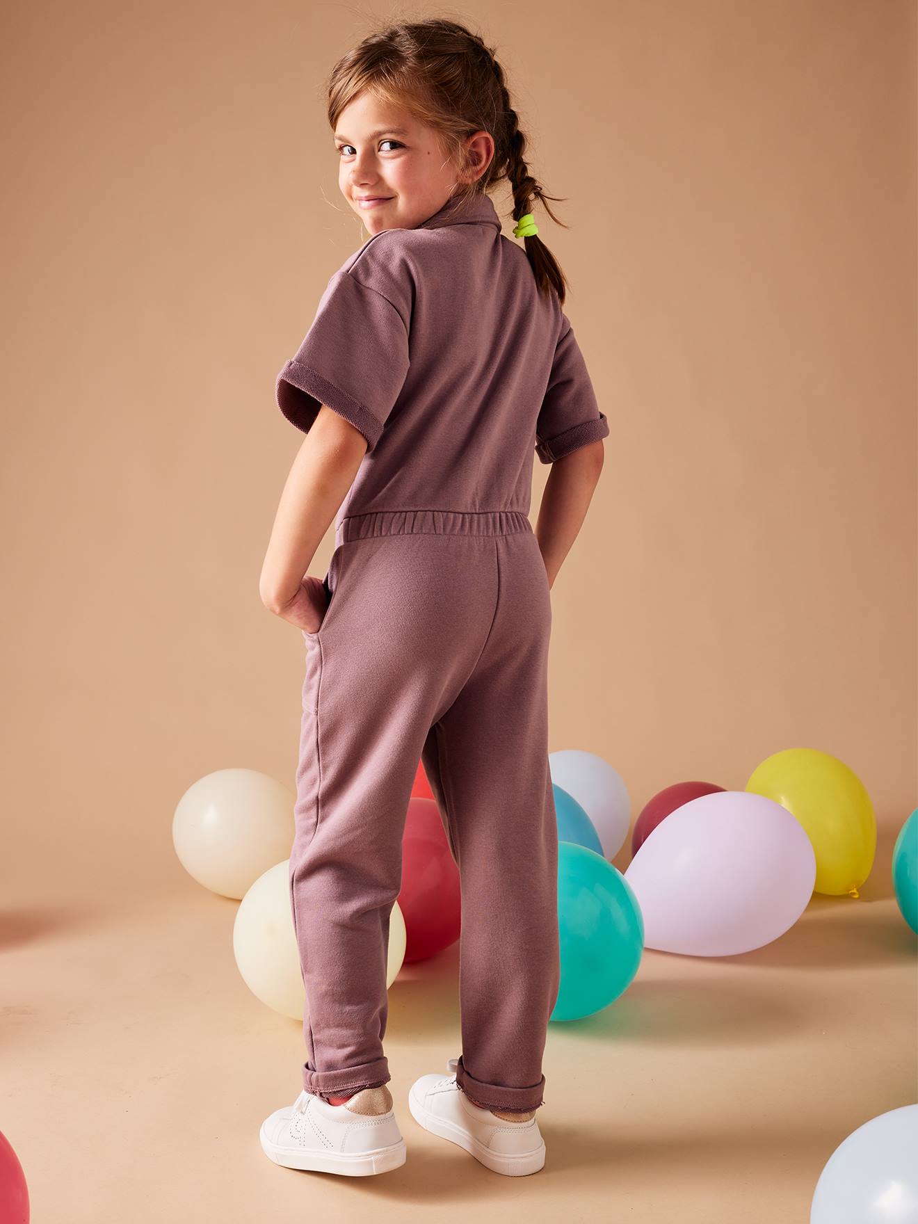 Combinaison en molleton fille manches courtes mauve