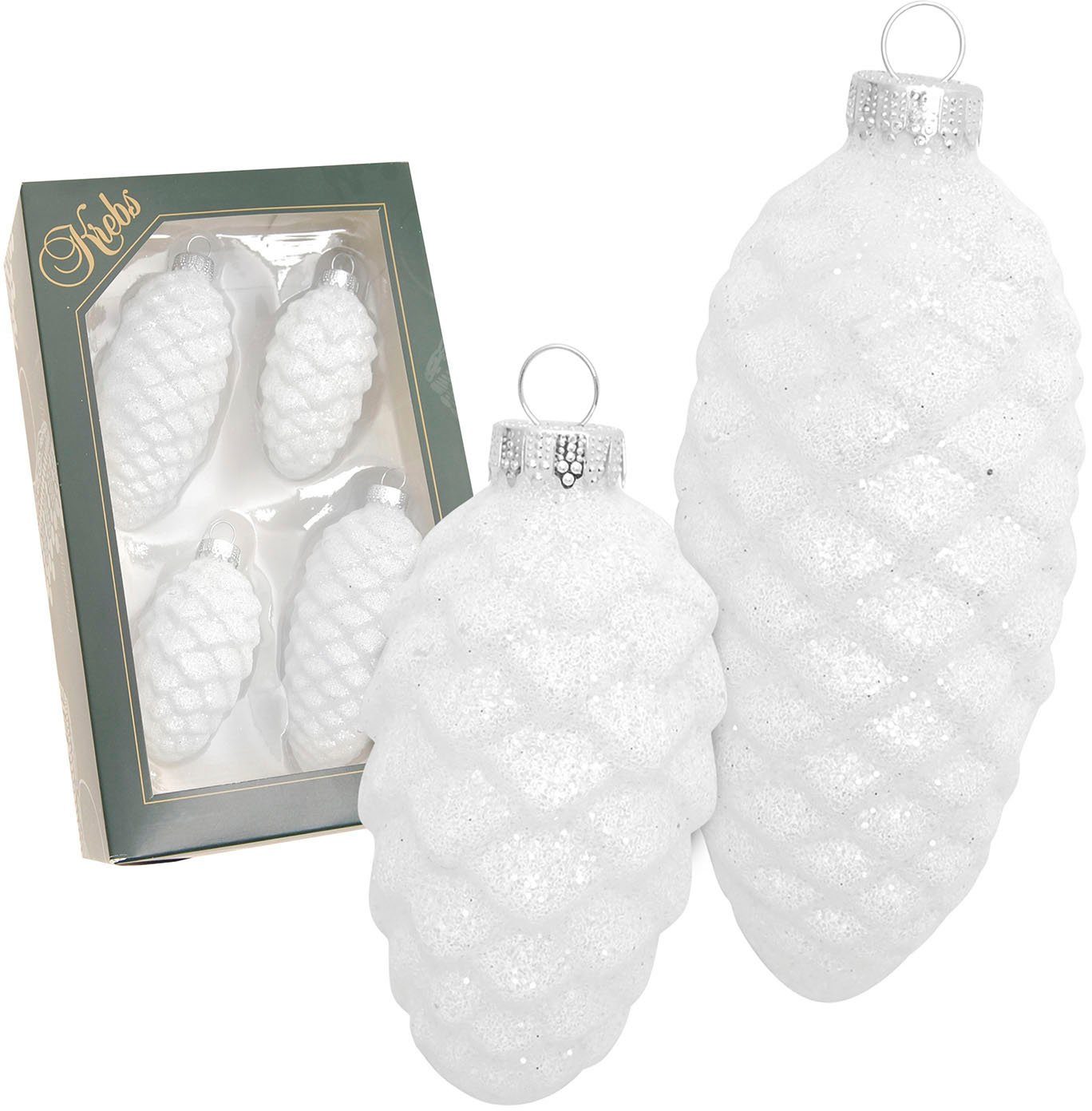 Krebs Glas Lauscha Christbaumschmuck Glas-Tannenzapfen, Weiß mit Glitter, 2x klein Ø 8 cm + 2x groß Ø 10 cm (4-tlg), Weihnachtsdeko, Weihnachtsbaumkugel, Christbaumkugeln aus Glas