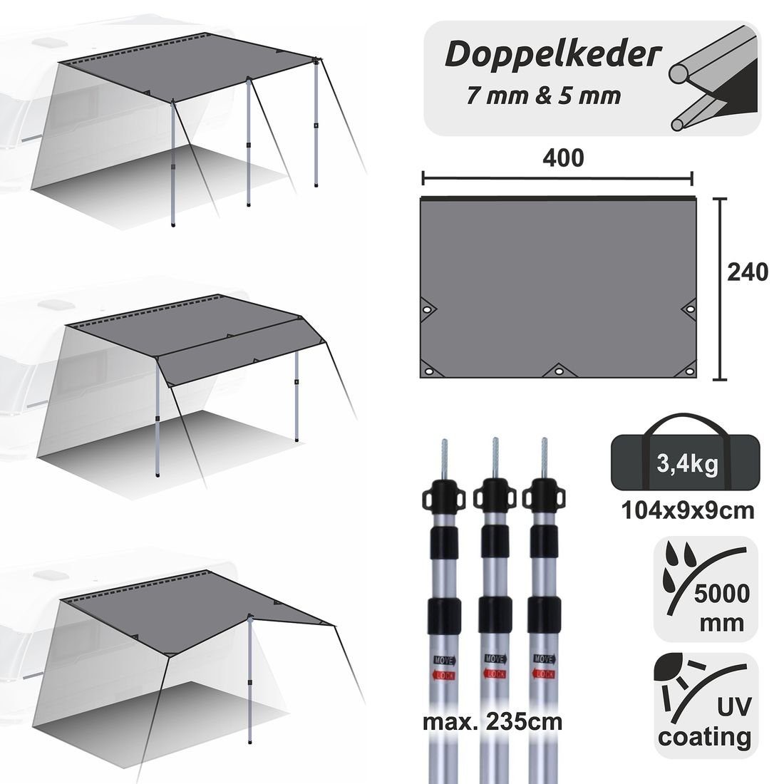 yourGEAR Sonnensegel yourGEAR Wohnwagen Sonnensegel Caravan Tarp 4 x 2,4 m Sonnendach