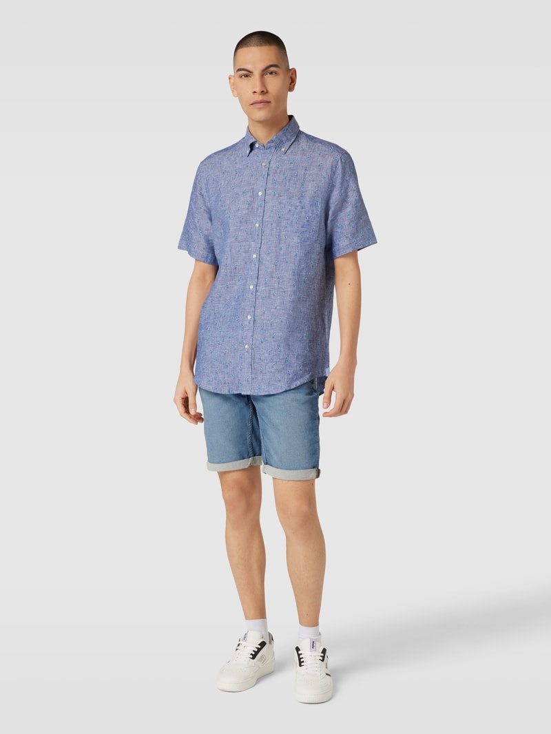 Regular Fit Freizeithemd aus Leinen mit Allover-Muster in rauchblau