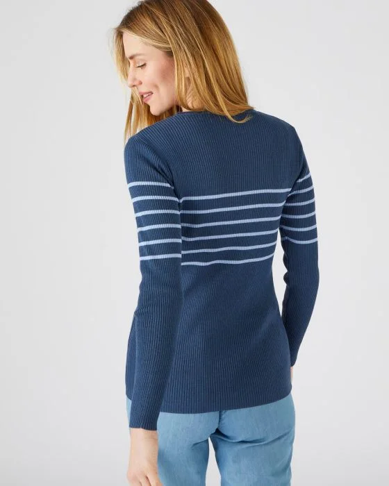 Pull col rond 50% laine mérinos, uni et rayé