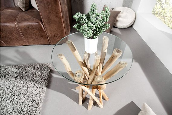 riess-ambiente Beistelltisch DRIFTWOOD 35cm natur / transparent, Massivholz · mit Glasplatte · rund · Handarbeit · Teakholz