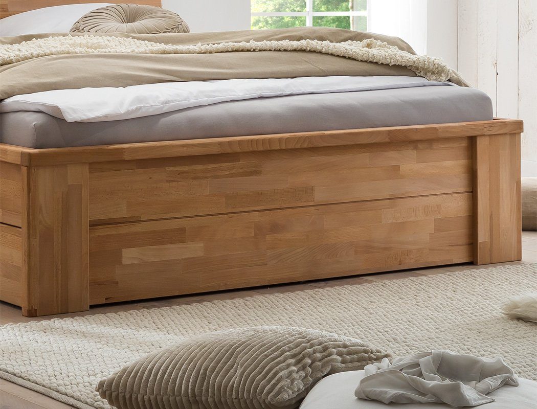 expendio Massivholzbett Cleo (Spar-Set, 3-tlg), Schubladenbett 200x200 Kernbuche mit 2 Schubladen inkl. 2x Nachttisch