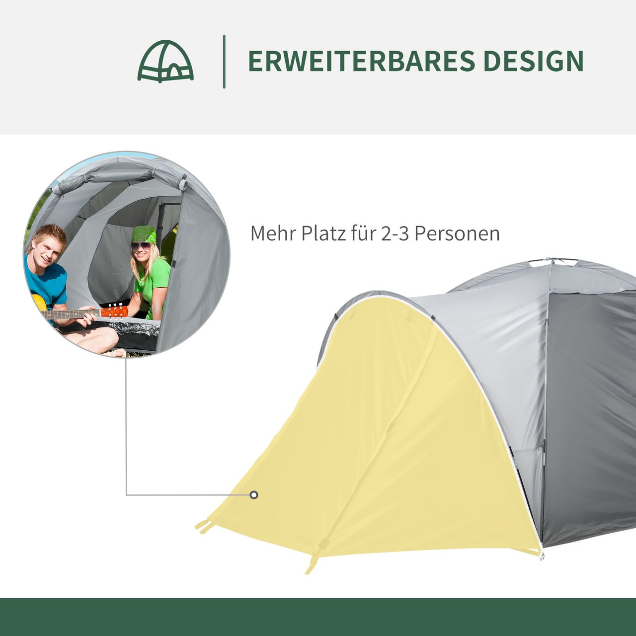 Outsunny Campingzelt für 2-3 Personen Glasfaser Tür mit Reißverschluss Meshfenster inkl. Transporttasche Kuppelzelt 190T PU2000mm Glasfaser Grau