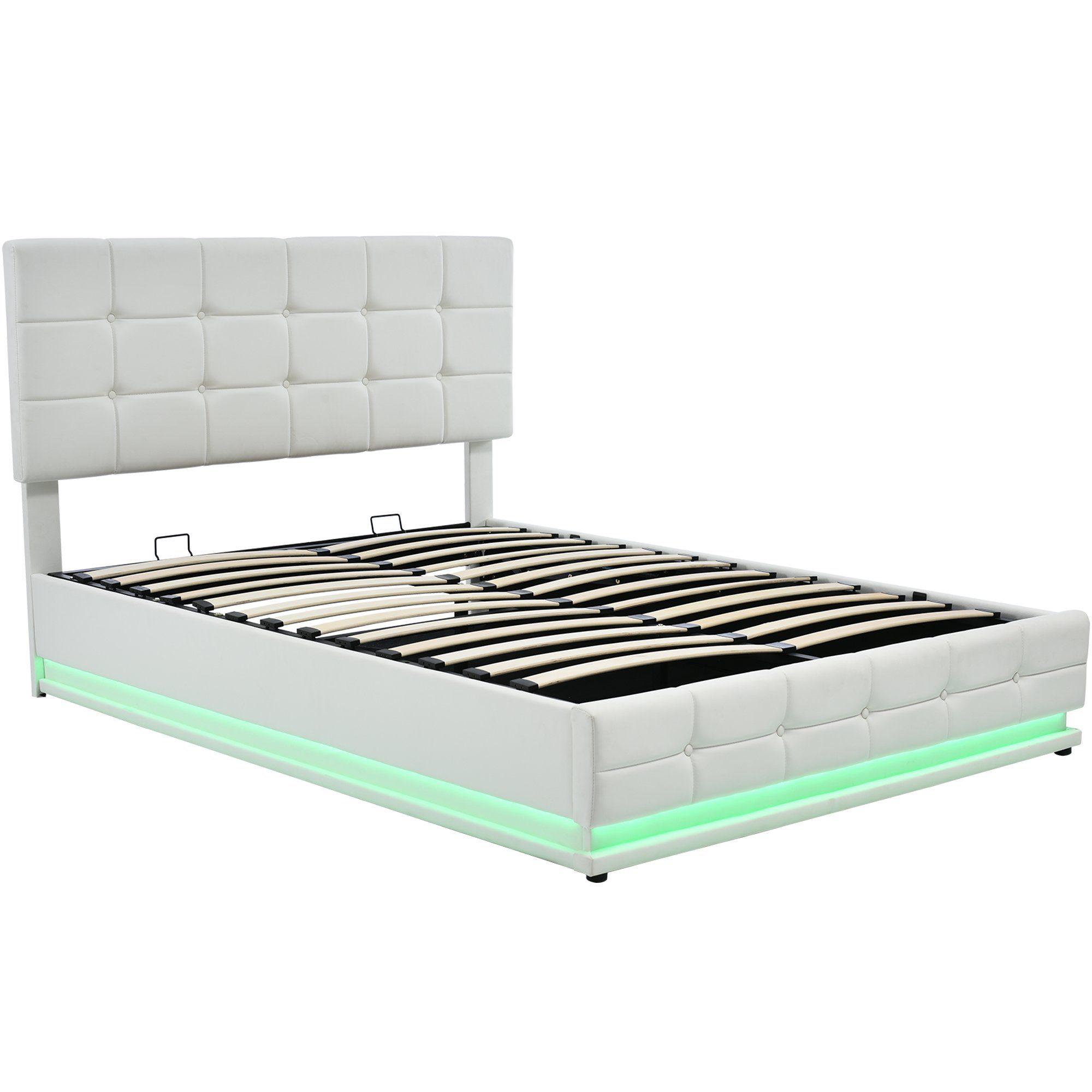 Merax Polsterbett Hydraulisch mit Bettkasten inkl. LED-Beleuchtung, Kunstleder Bezug, Doppelbett 140x200 cm mit Lattenrost, Stauraumbett, Funktionsbett