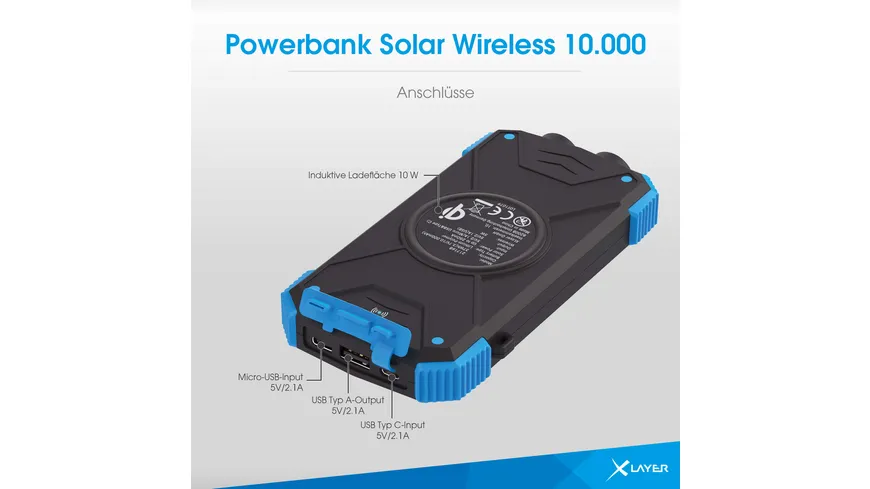 Zusatzakku XLayer Powerbank PLUS Solar Wireless 5W Black/Blue 10.000 mAh