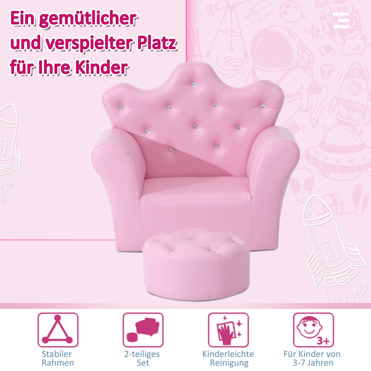 HOMCOM Kindersofa mit Ottomane Kindercouch in Kronenform Kindersessel Rosa