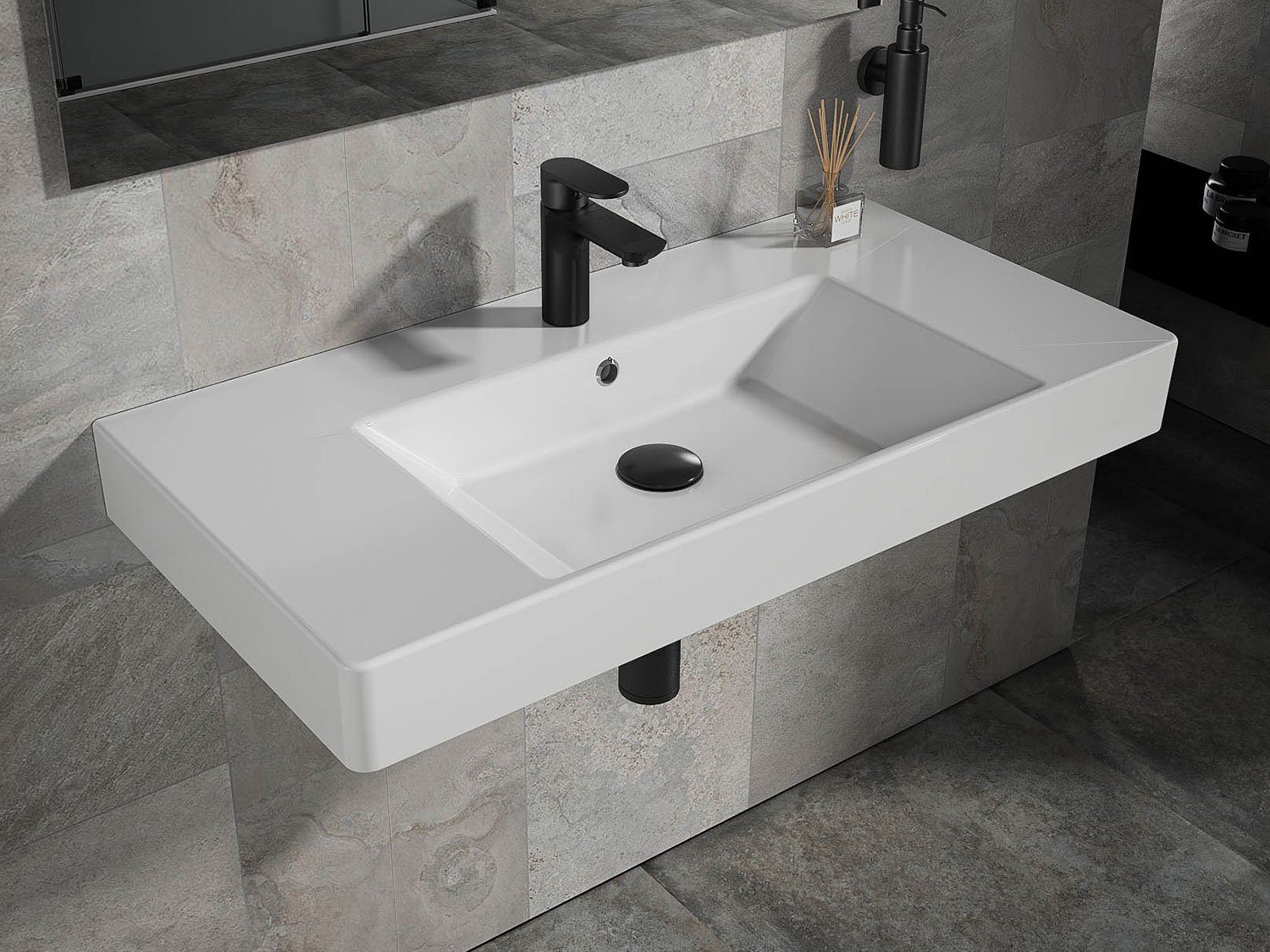 Aqua Bagno Waschbecken Quadra Soft Keramik Waschtisch 90cm weiß Waschbeck (Packung)