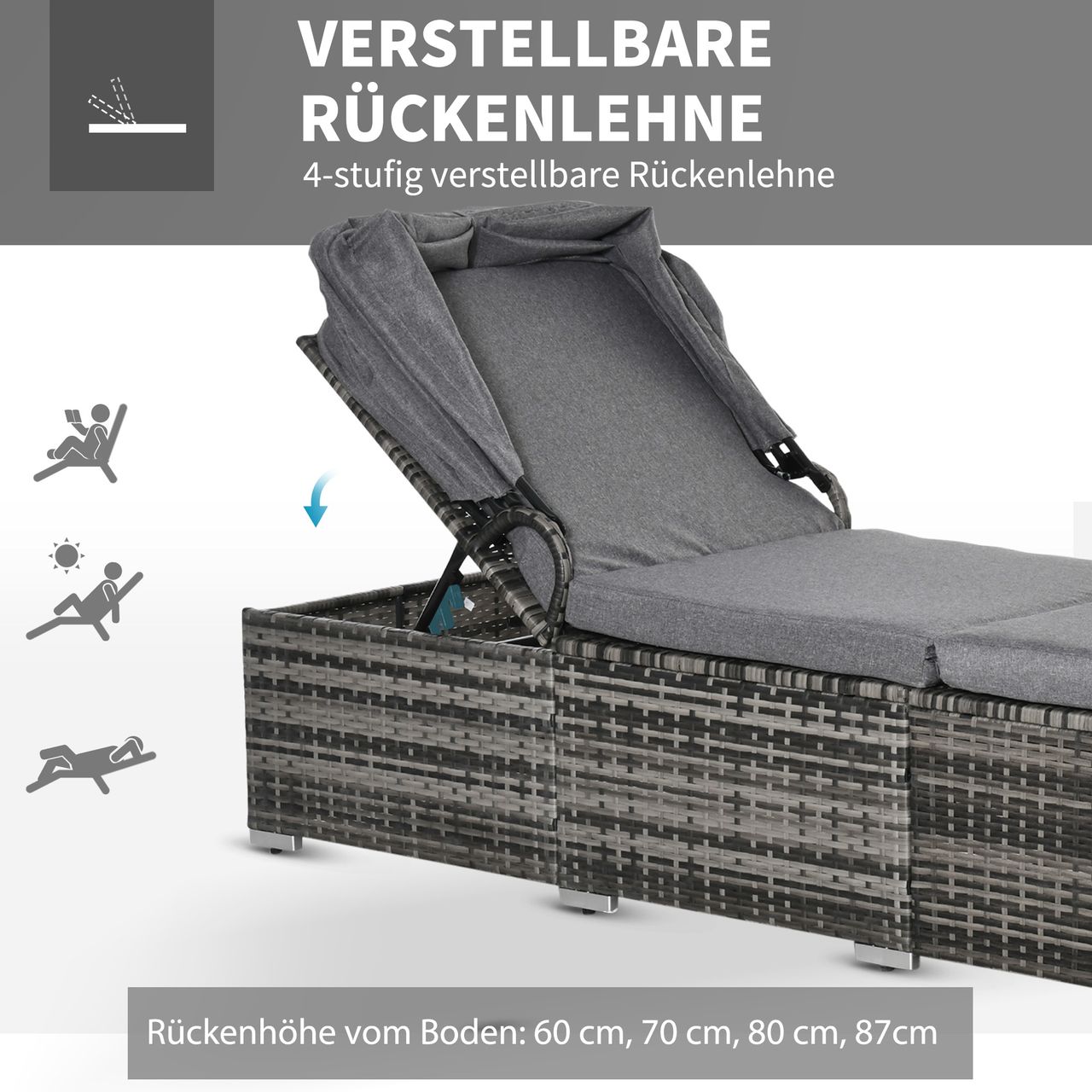 Outsunny Sonnenliege aus Polyrattan mit Sonnendach Gartenliege verstellbar Rattanliege Gartenmöbel Liege mit Kissen Grau 195 x 65 x 40 cm