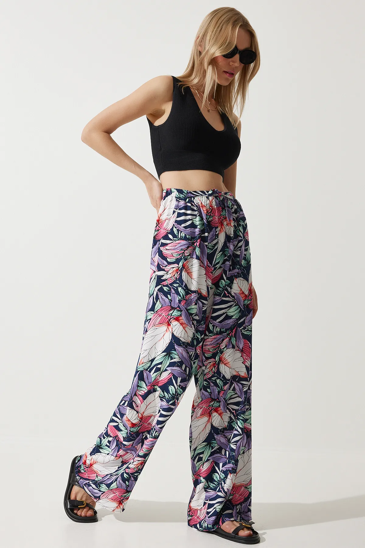 Happiness İstanbul  Damen Hyacinth High Waist Sommer Lose Viskosehose BH00354