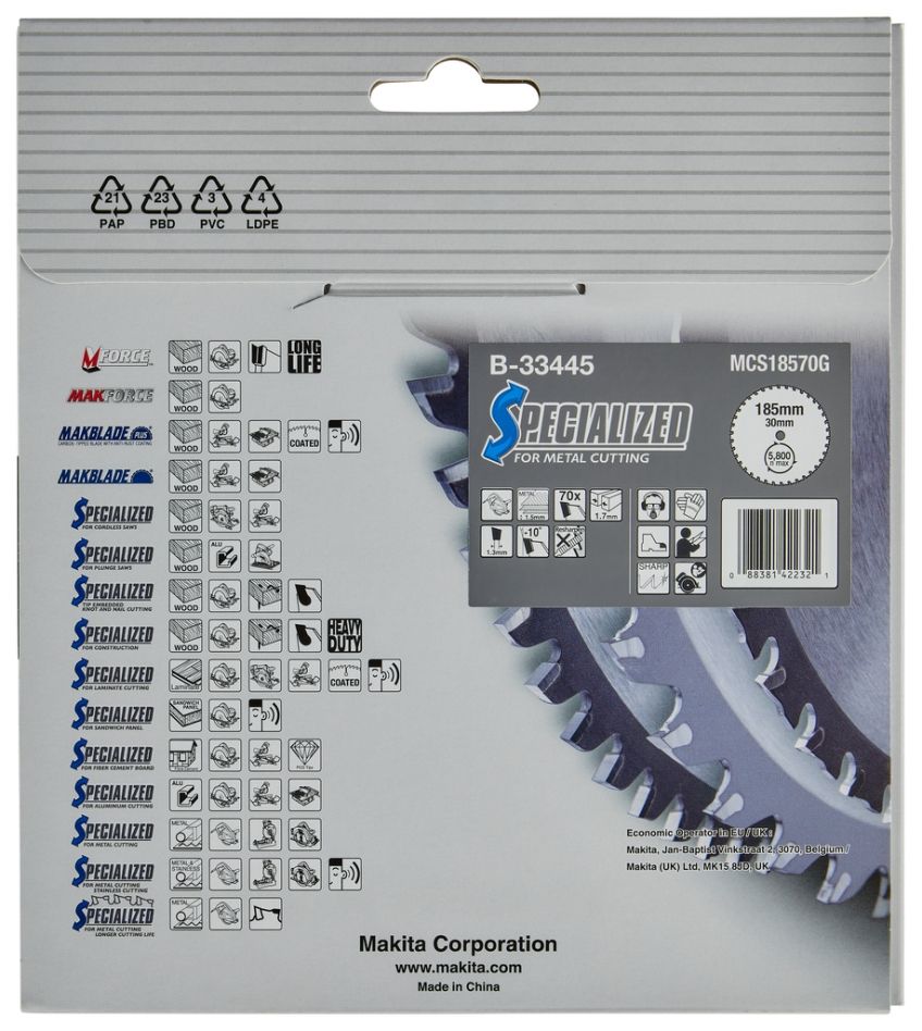 Makita Zubehör B-33445 Kreissägeblatt Spezial Dünnblechstahl FTG 185 x 30 x 1,7 mm T70