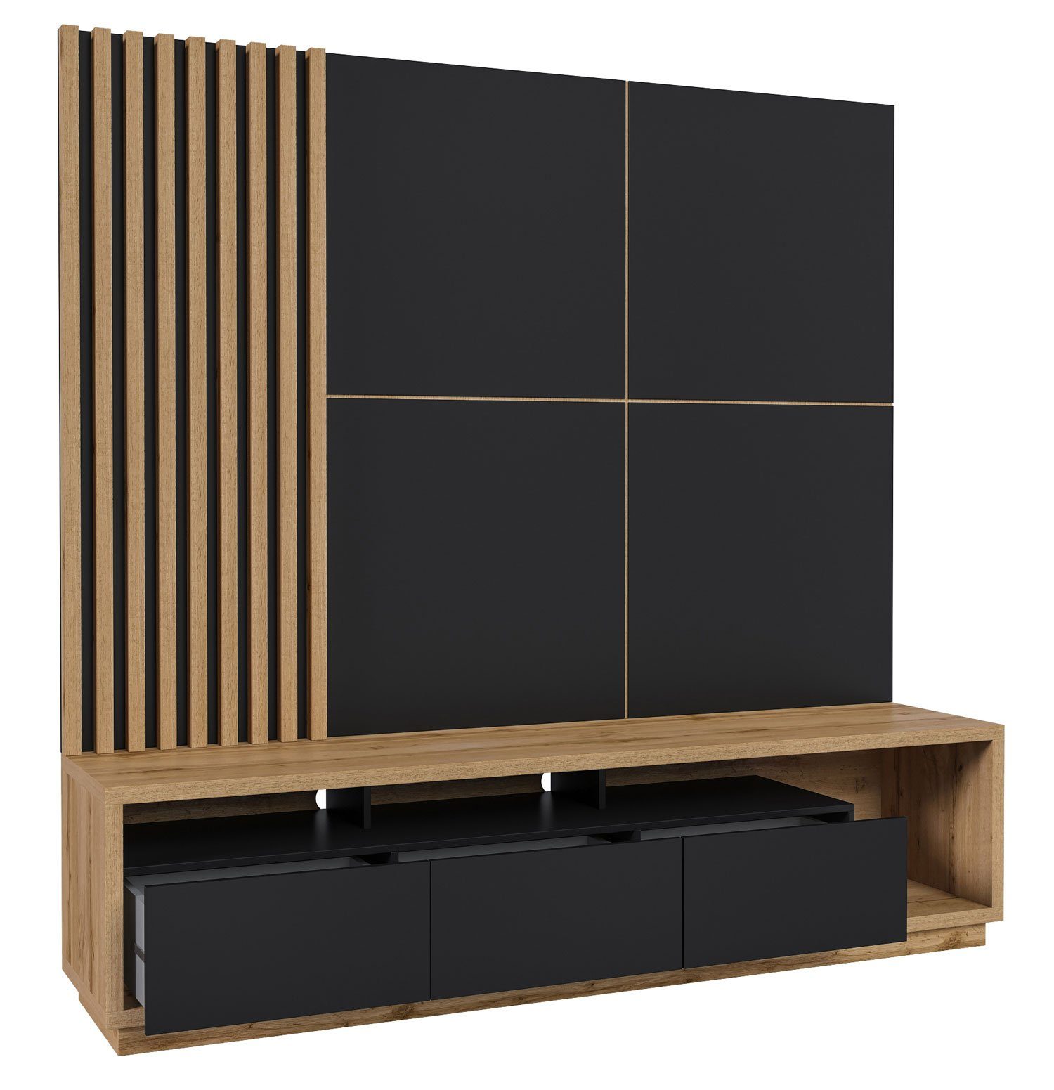 Helvetia Wohnwand Celine, 3-teiliges Wohnzimmer Set 200x45x196cm wotan eiche / schwarz matt