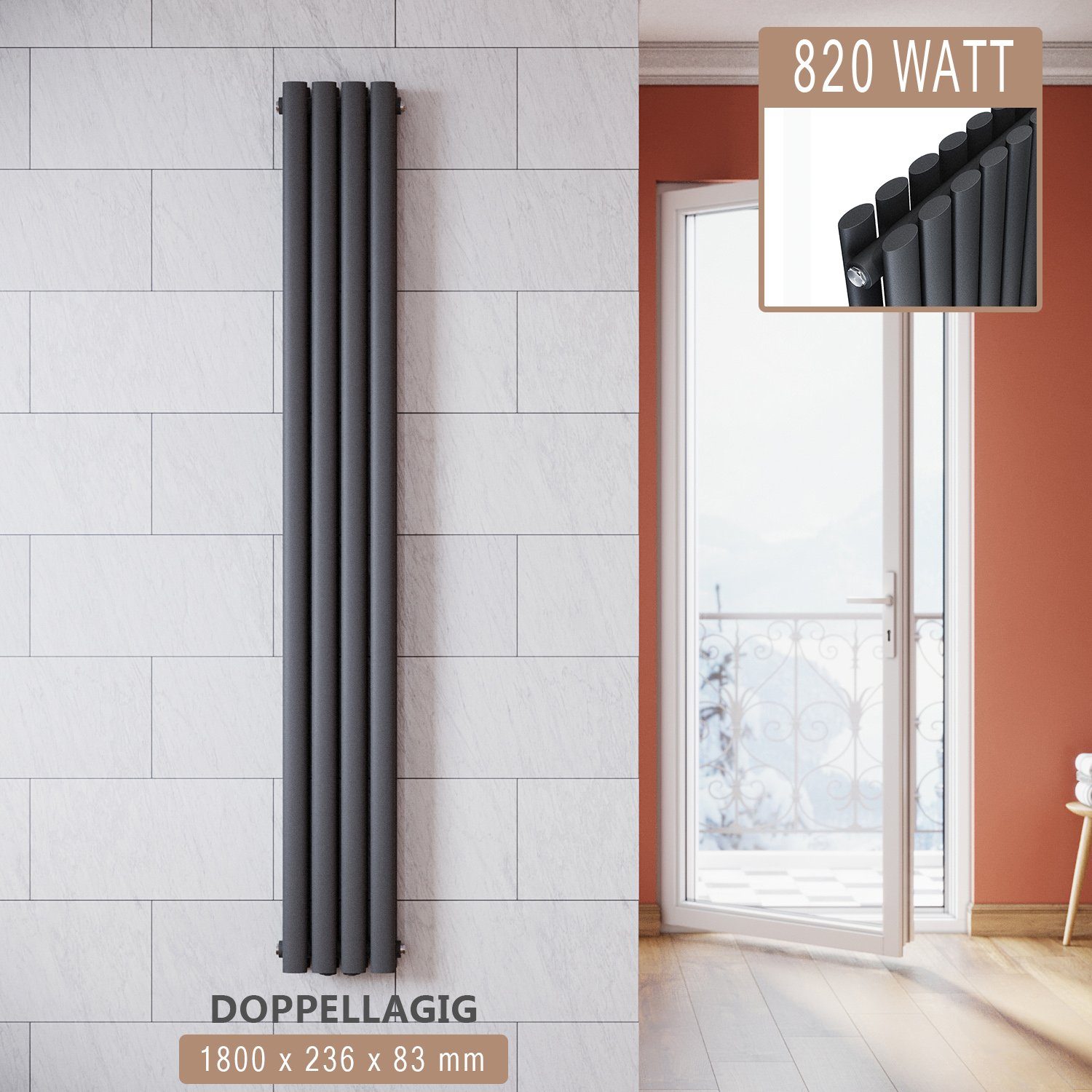 ELEGANT Badheizkörper Heizkörper Design Röhrenheizkörper modern mit/ohne Multiblock, Anthrazit