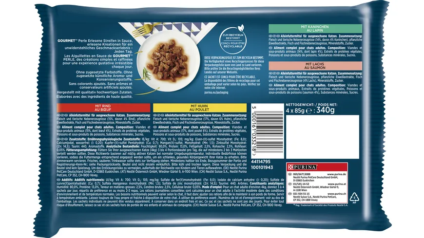 PURINA GOURMET Perle Erlesene Streifen in Sauce mit Rind/Kaninchen/Huhn/Lachs 340 g