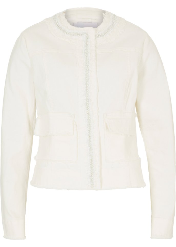 Jeansjacke mit Tweed und Perlen