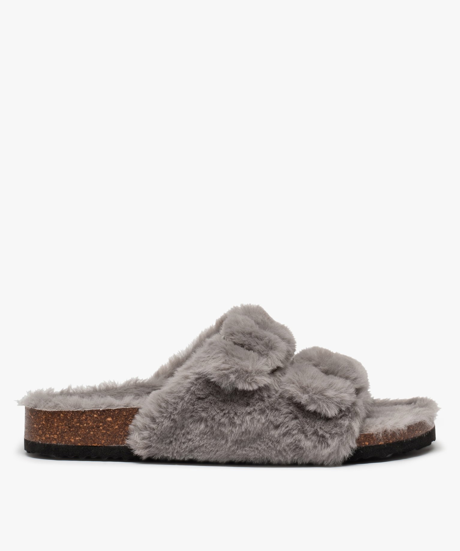 Chaussons femme mules à larges brides en textile peluche gris | GEMO
