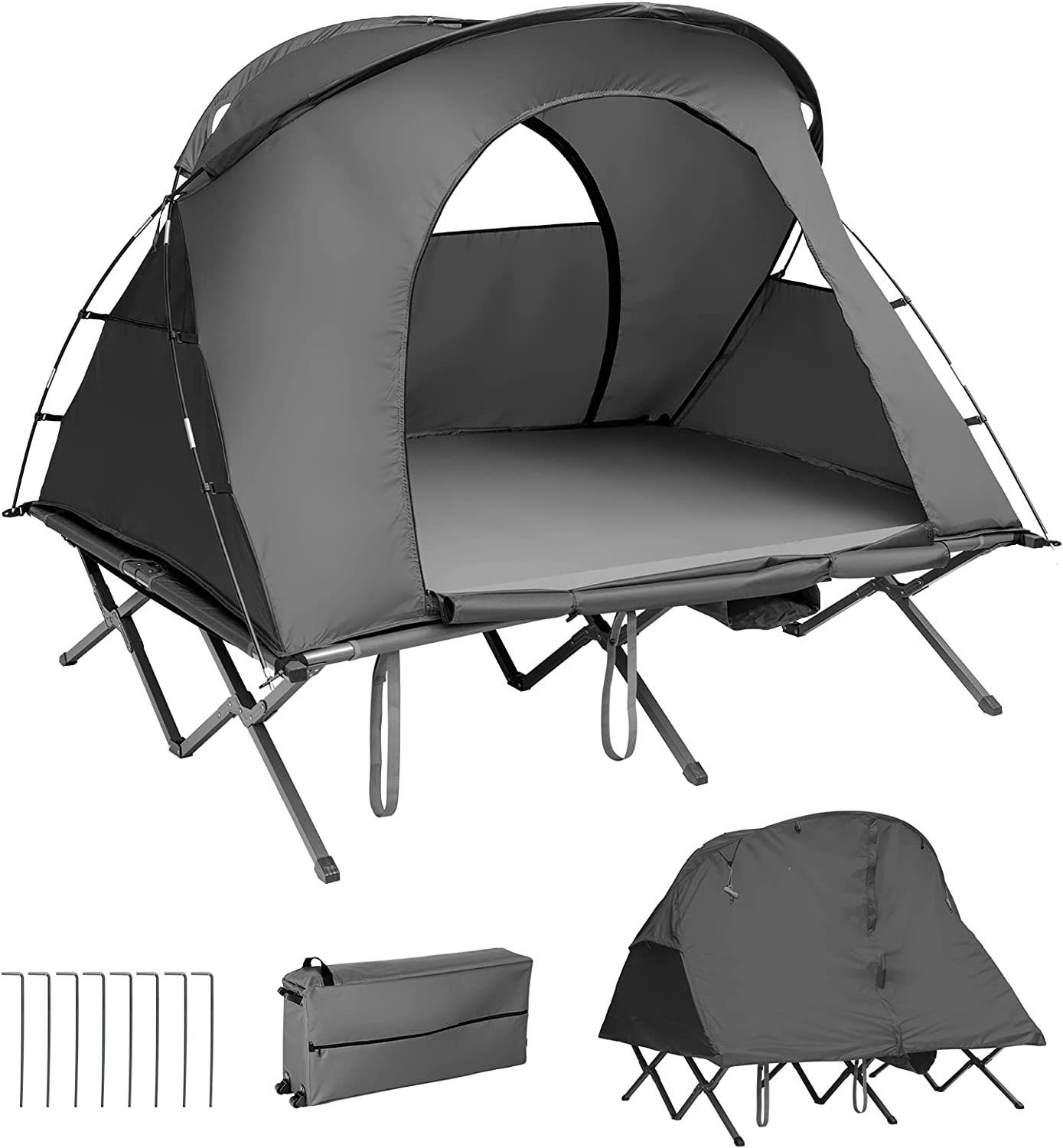 KOMFOTTEU Kuppelzelt 4 in 1 Campingzelt mit Feldbett, Personen: 2, 194×146×160 cm