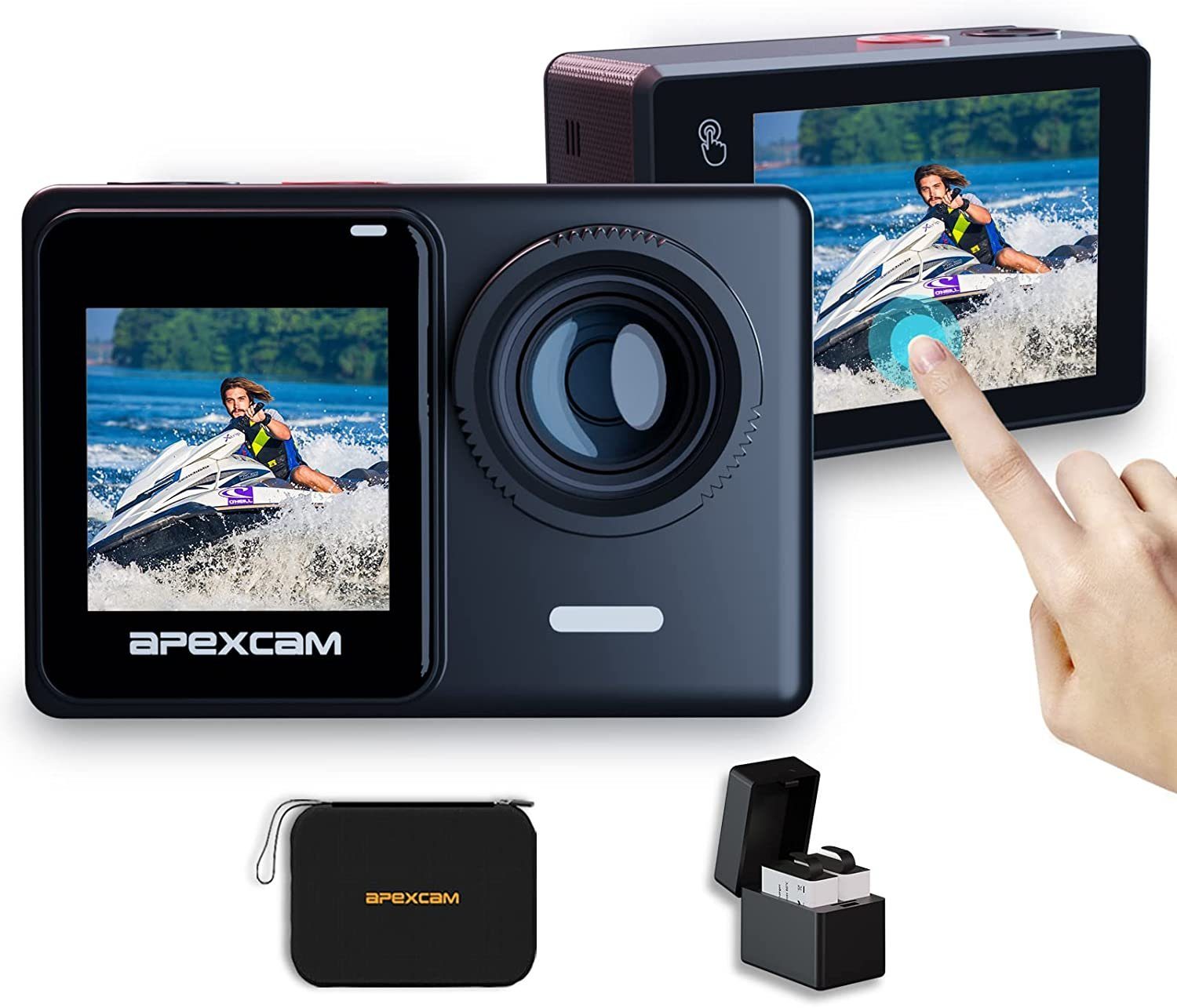 Apexcam X80 Action Cam (4K 60FPS 24MP Ultra HD, WLAN (Wi-Fi), mit Tasche, zwei Akkus, zwei Ladegeräten, Unterwasserkamera 40M, WiFi Fernbedienung, Dualscreen Touchscreen)