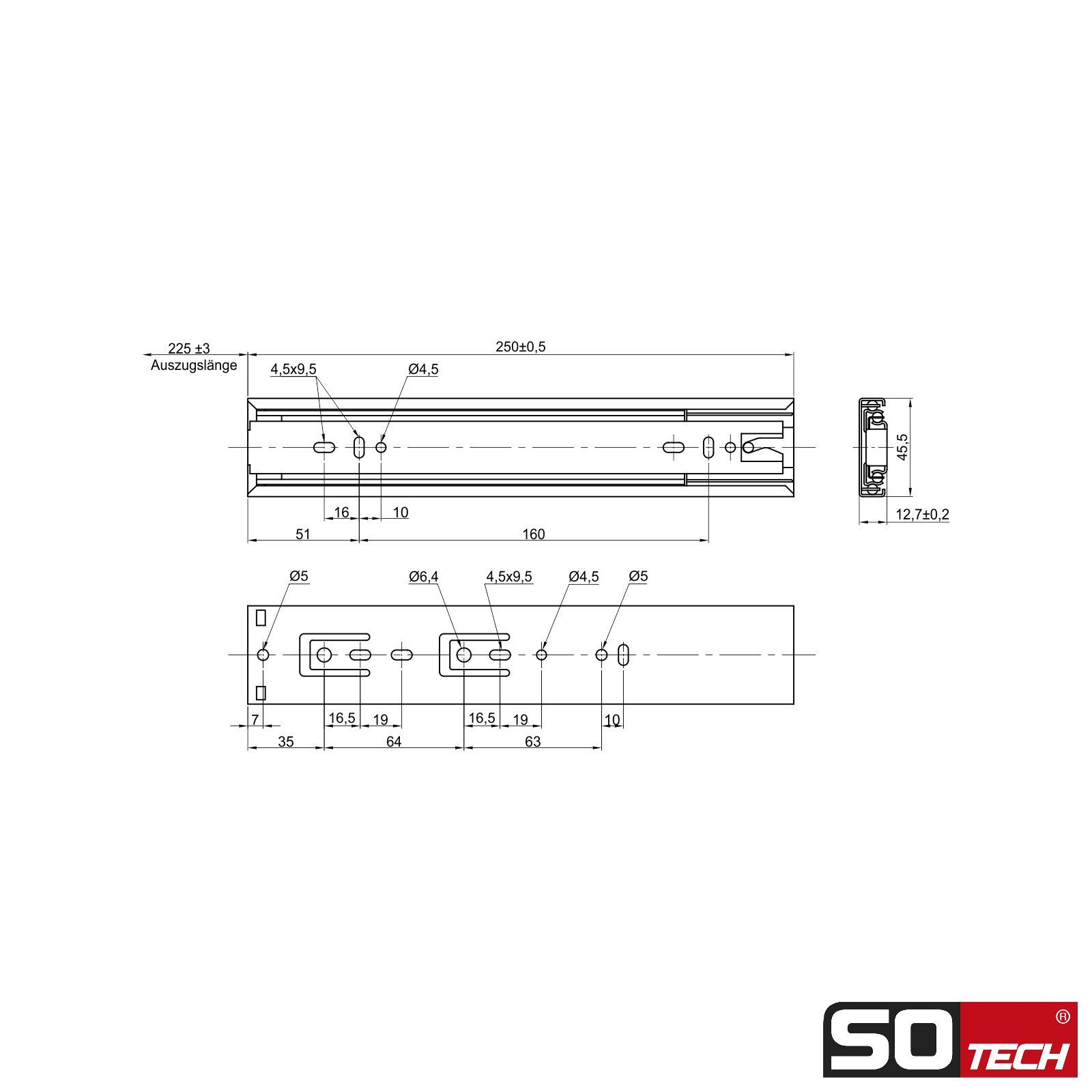 SO-TECH® Auszug Vollauszüge KV1-35-H45-SE-MS Traglast 35 kg, Selbsteinzug, Länge 250 mm, 1 Paar inkl. Schraubenset