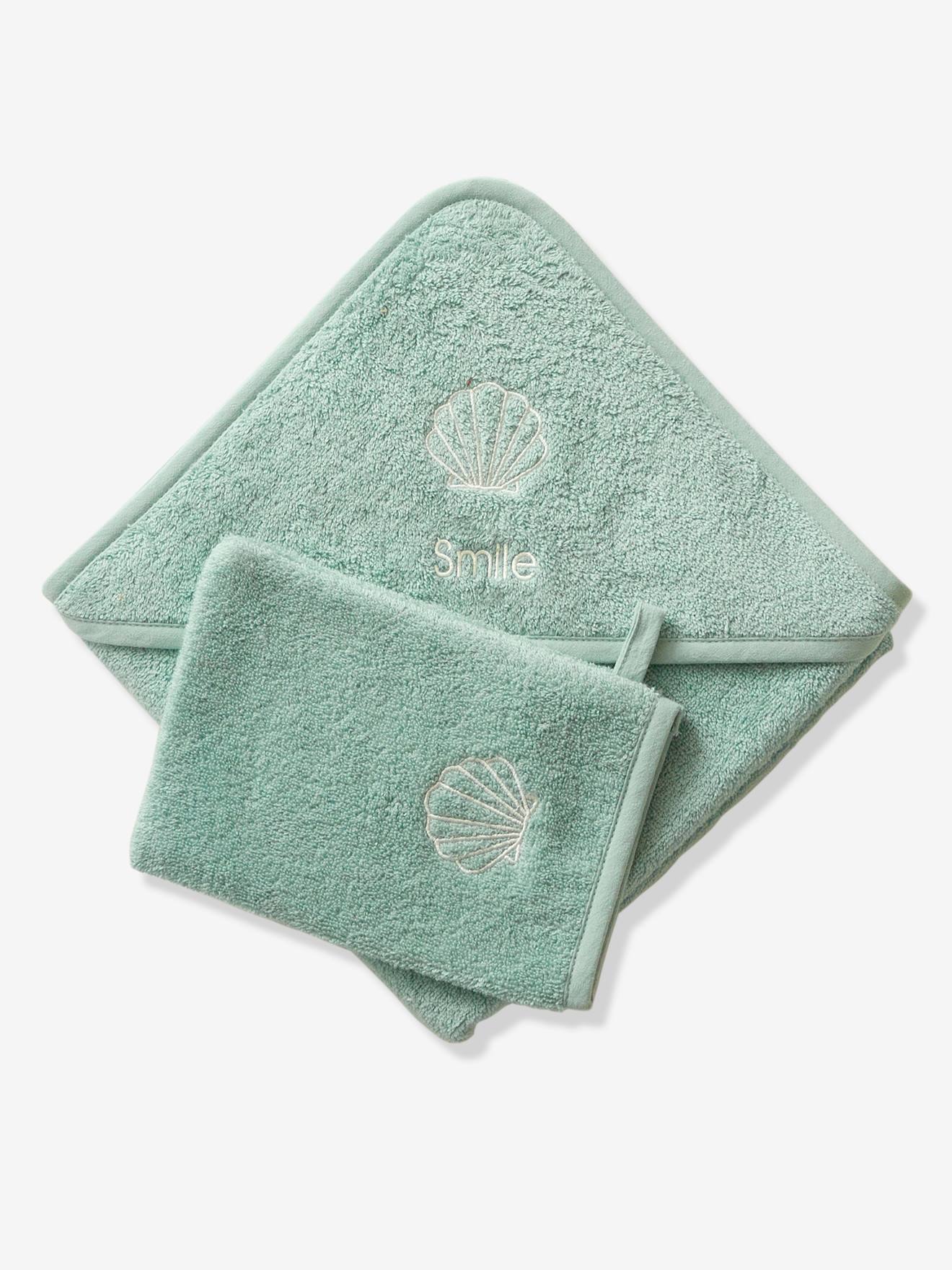 Vertbaudet Baby Kapuzenbadetuch & Waschhandschuh Oeko-Tex, personalisierbar - blau