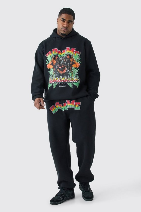 Plus Trainingsanzug mit Homme Dog Print und Kapuze
