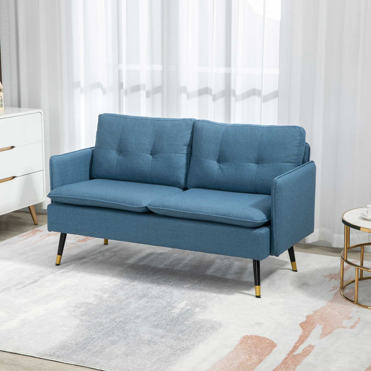 HOMCOM 2 Sitzer Sofa, Couch mit Dickem Kissen, Leinenoptik und Stahlbeine Blau