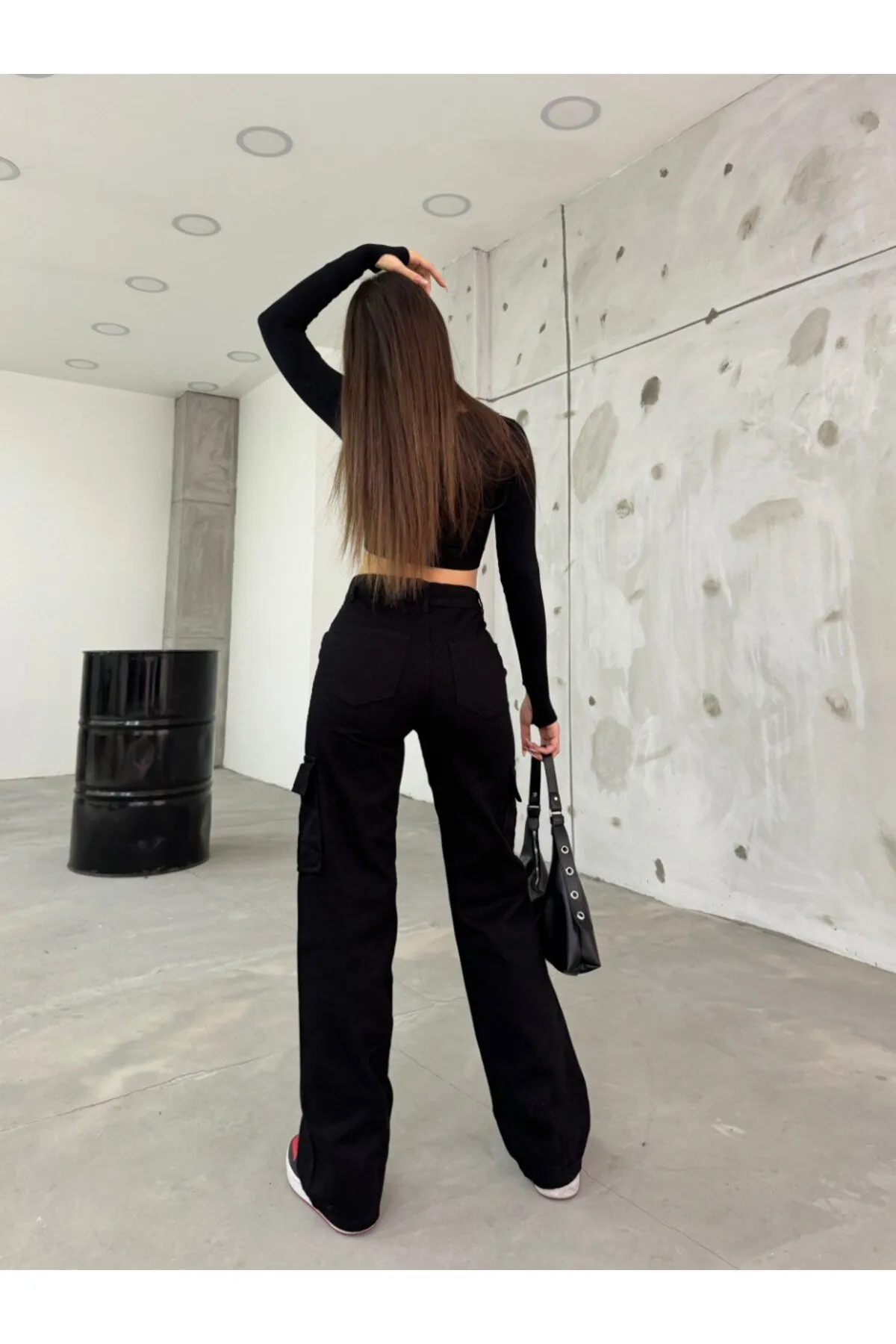 BİKELİFE  Schwarze Damen-Cargohose mit hoher Taille und weitem Bein