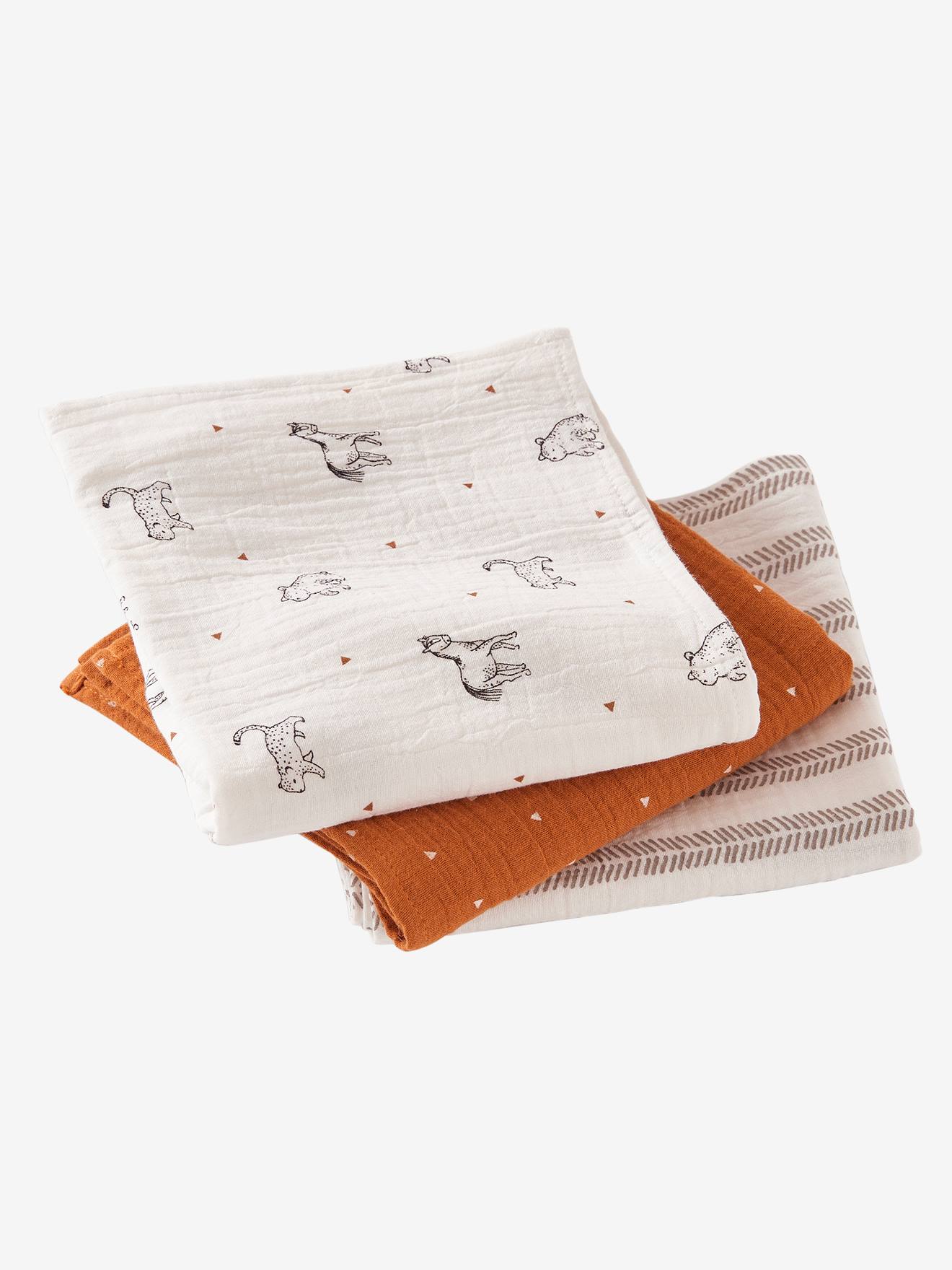 Lot de 3 langes en gaze de coton bio* PETIT NOMADE écru / multicolore