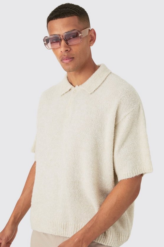 Kastiges Oversize Bouclee Strick-Poloshirt in Ecru