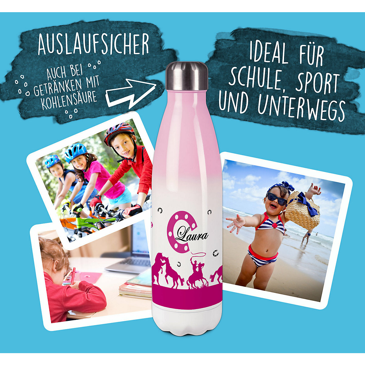 Edelstahl Kinder Thermoflasche / Trinkflasche bunt Cowboy Pferde Farbe pink Spülmaschinenfest, Auslaufsicher, Bruchfest, Doppelwandig, Für Heißgetränke geeignet, Mit Deckel, Isoliert