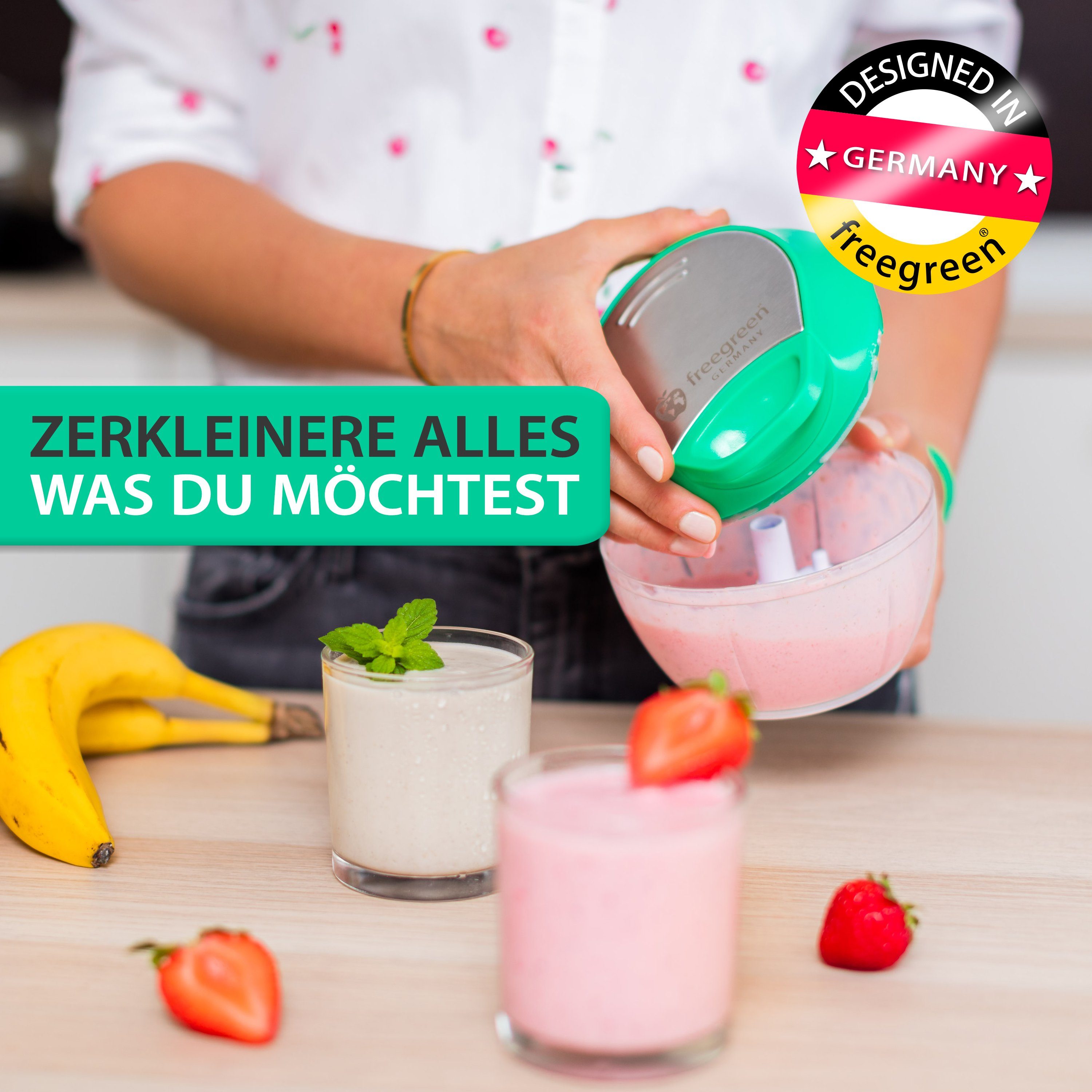 freegreen® Zwiebelhacker 540 ml, Multi-Zerkleinerer I Zwiebelschneider I Universalzerkleinerer, Edelstahl Gemüseschneider mit Mixer-Einsatz und Frischhaltedeckel