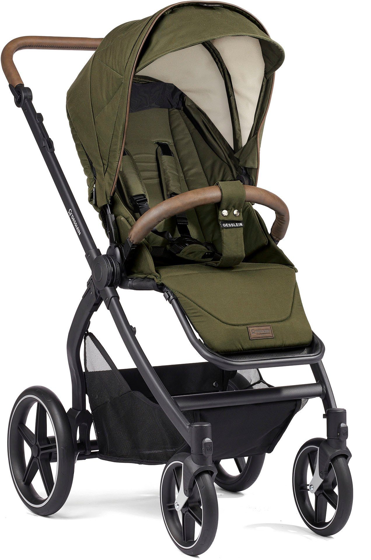 Gesslein Kombi-Kinderwagen FX4 Soft+ mit Aufsatz Style, moos/tabak, mit Babywanne C3 und Babyschalenadapter