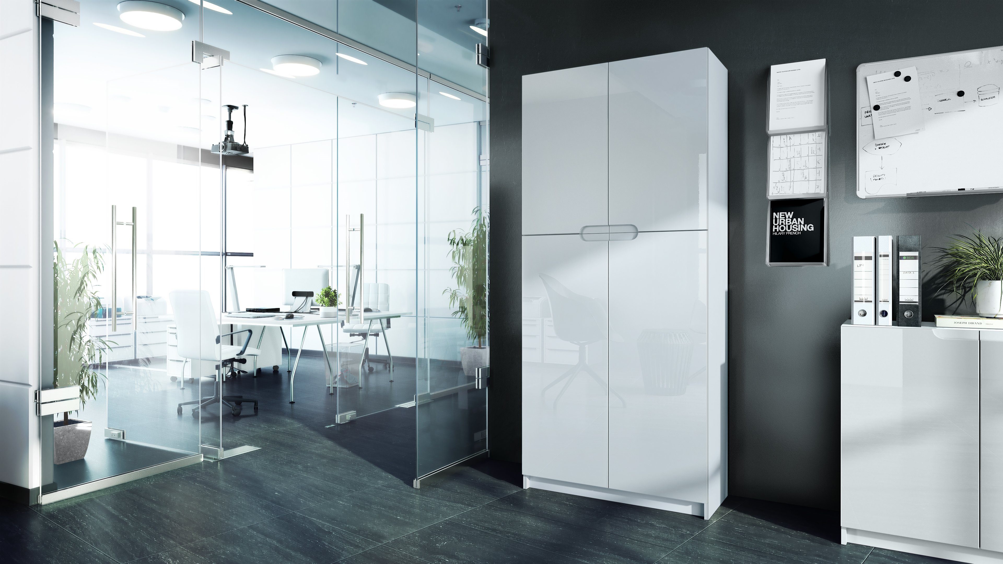 Vladon Aktenschrank Logan (Aktenschrank, mit 5 Fächern und 4 Türen) Weiß matt/Weiß Hochglanz (82 x 185 x 37 cm)