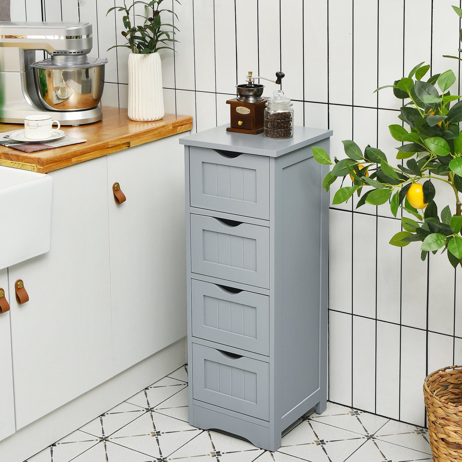 COSTWAY Badkommode Badezimmerschrank, mit 4 Schubladen, 82cm, Kippsicherung