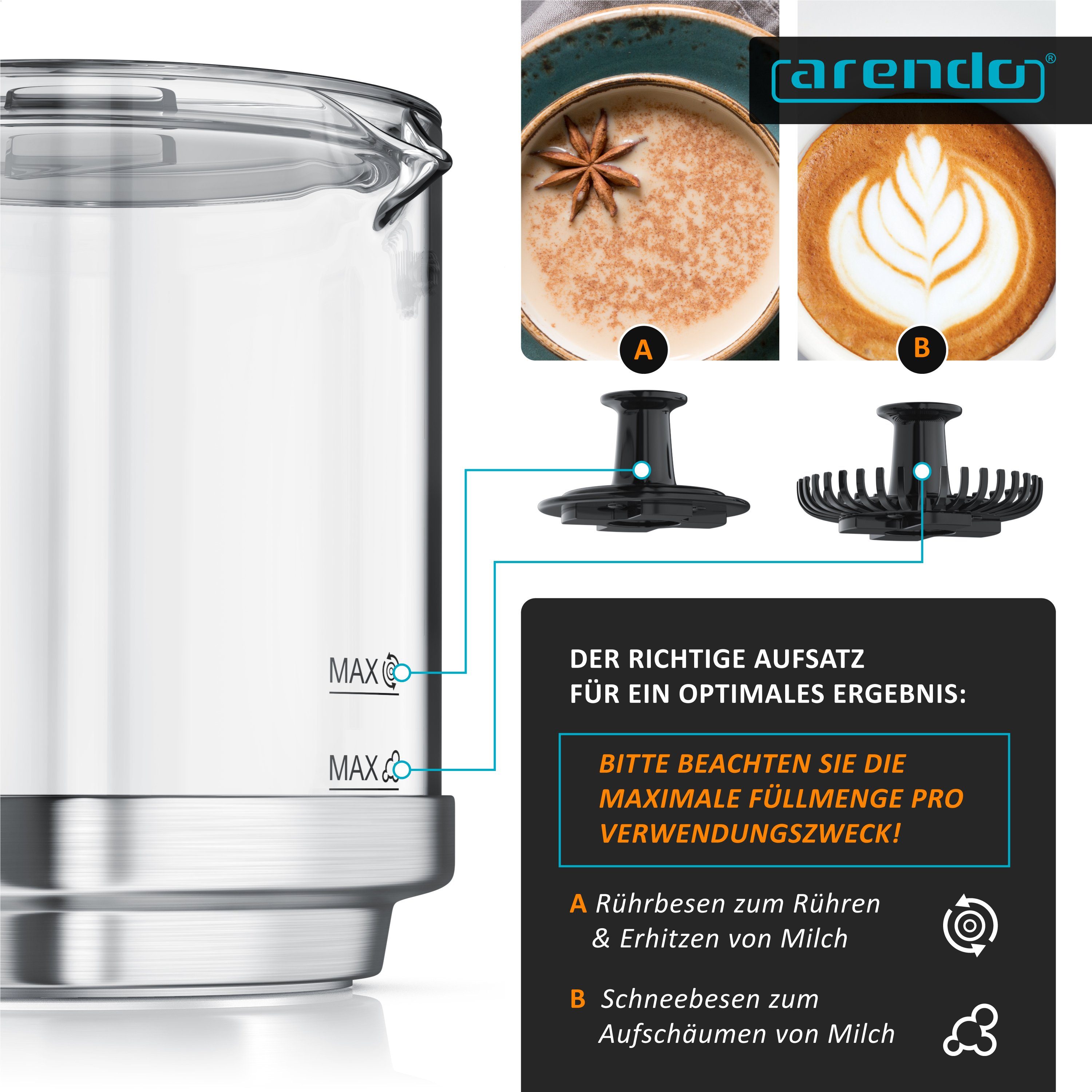 Arendo Milchaufschäumer, 600 W, inkl. abnehmbaren Glasaufsatz, 6 Funktionen, leise & Stromsparend