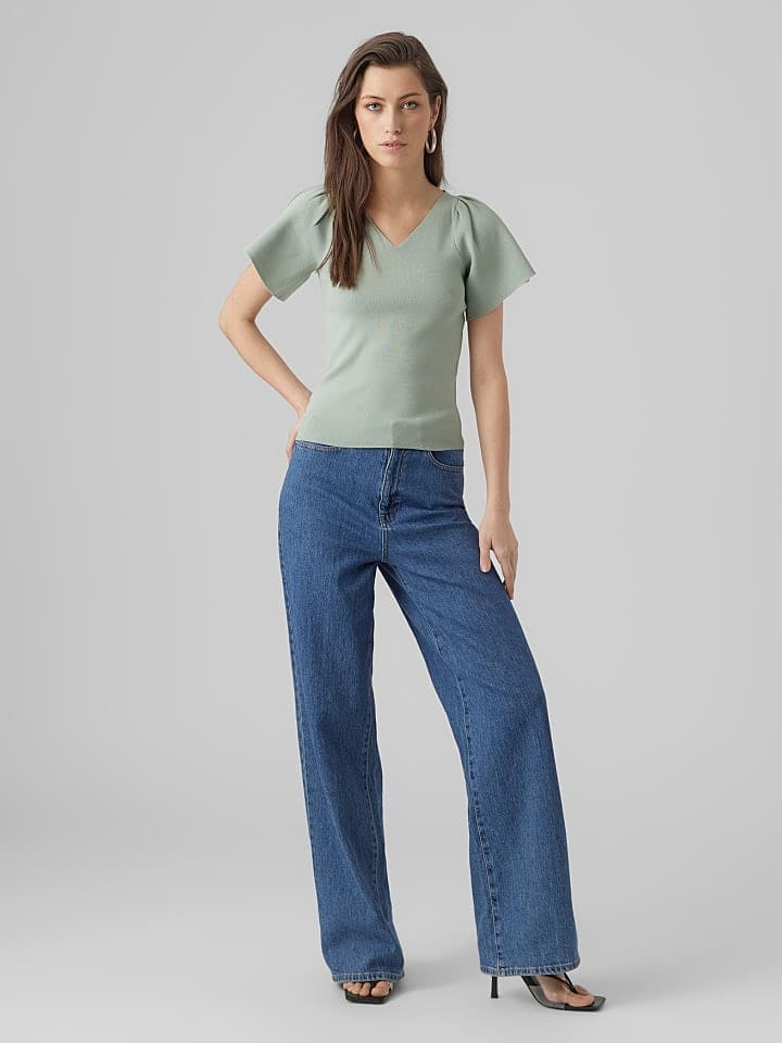 Vero Moda Geripptes Rüschen T-Shirt Kurzarm Strick Shirt VMGINNY in Mint günstig kaufen XS